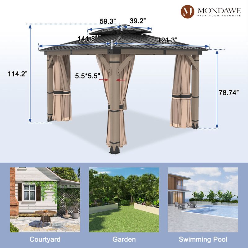 Mondawe Beverly Hills 10 ft. x 12 ft. Outdoor Fir Solid Wood Frame Patio Gazebo Canopy Shelter Galvanized Steel Hardtop with Netting And Curtain