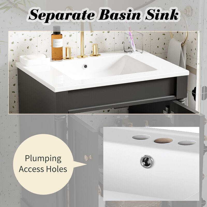 24" Freestanding Bathroom Vanity with Ceramic Sink, 2-Tier Storage Cabinet, 2 Soft-Close Doors image number 4