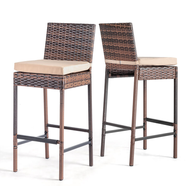 Set of 2 Patio Wicker Barstools Outdoor Bar Height Chairs with Cushions & Footrests for Patio, Porch, or Balcony