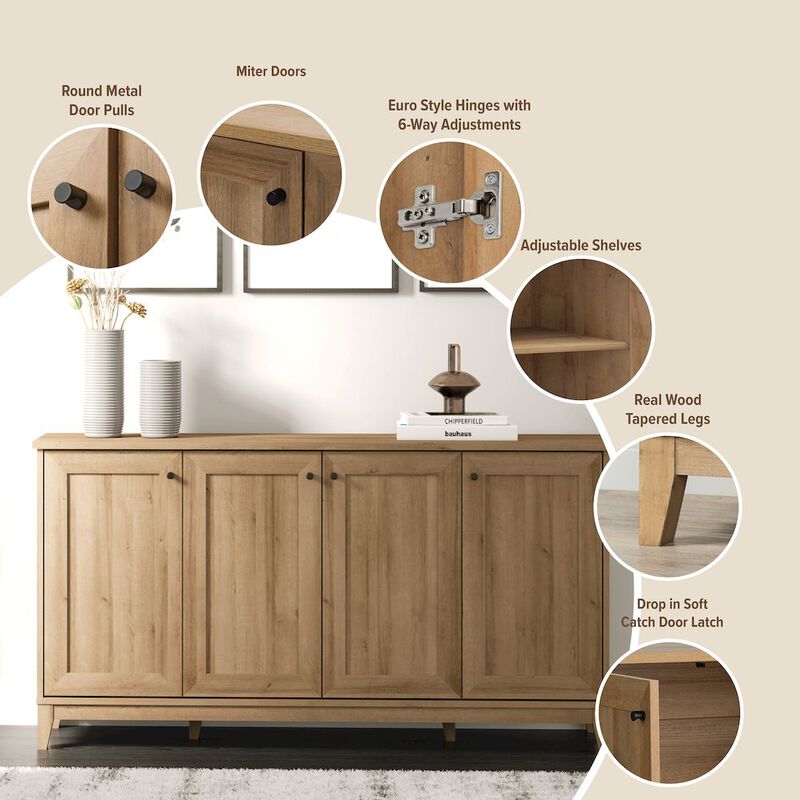 Prepac Yaletown 4 Panel Door Console Table Oak Engineered Wood Storage Cabinet