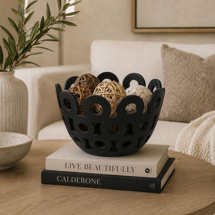 Laura Round Bowl with Circular Cutout Patterns, Black Ceramic 11 Inch