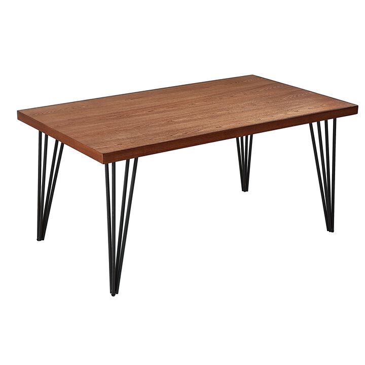 63 Inch Dining Table, Brown Rectangular Elm Veneer Top, Metal Black Legs - Benzara