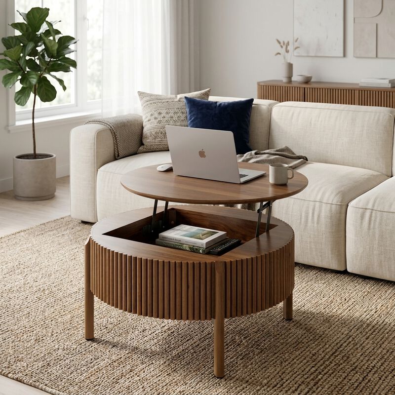 Whisen 30.3" Round Lift Top Coffee Table, Solid Wood Hidden Storage Modern Farmhouse Center Table for Living Room image number 5