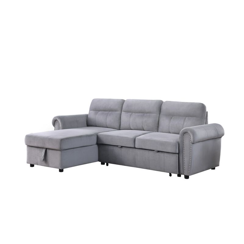 Irma 97 Inch 2 Piece Sectional Sofa, Pull Out Bed, Rolled Arm, Gray Velvet