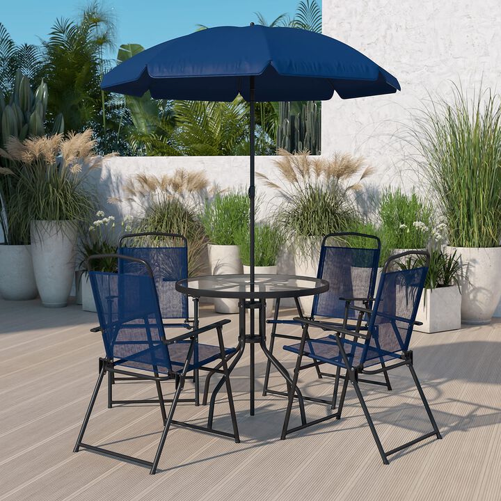 Flash Furniture Nantucket 6 Piece Patio Garden Table Set - Umbrella Table - Set of 4 Navy Folding Chairs