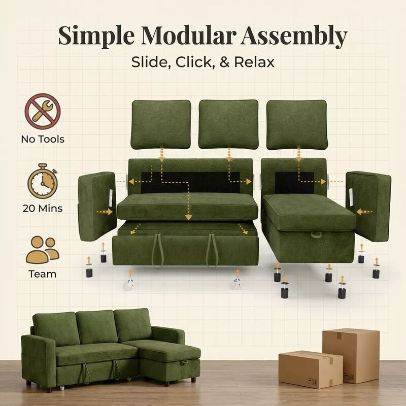 81" Sleeper Sofa Bed, 2 in 1 Pull Out Couch, Sectional Sofa with Reversible Storage, Side Pockets image number 2