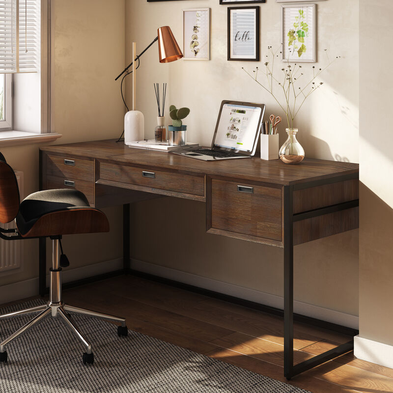 Richmond SOLID ACACIA WOOD Modern Industrial 60 inch Wide Desk in Rustic Natural Aged Brown image number 1