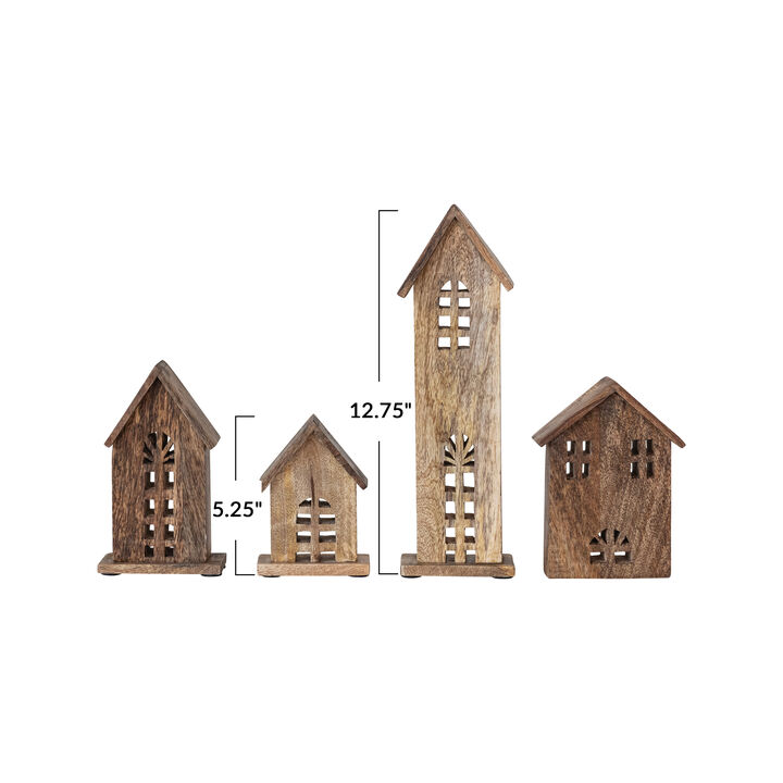 Decorative Carved Mango Wood Houses, Natural, Set of 4