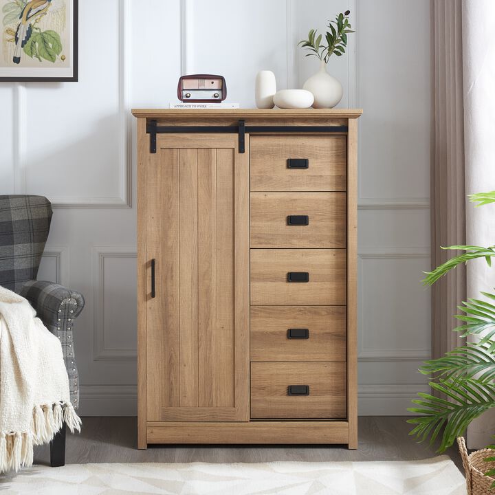 5 Drawers Dresser With Sliding Barn Door, Farmhouse Tall Dresser 5 Chest of Drawers, Storage Organizer Dresser