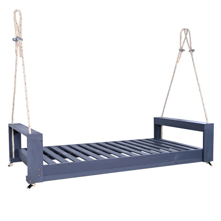 Whisen Twin Size Porch Swing Bed, Acacia Wood Frame with Hemp Ropes, Outdoor Patio Lounger