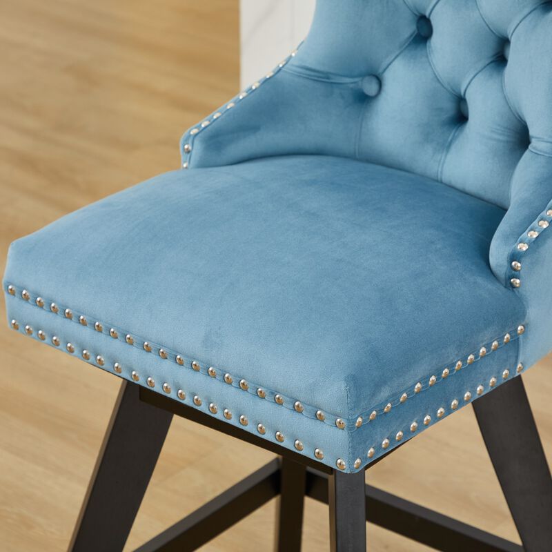 Set of 2 Swivel Velvet Barstools with Button Tufted and Wooden Legs, Leisure Style Bar Chairs image number 5