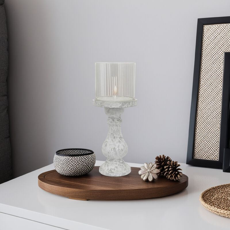 Kris Candle Holder with Hurricane Glass Top, White Gray Ceramic 7 Inch - Benzara