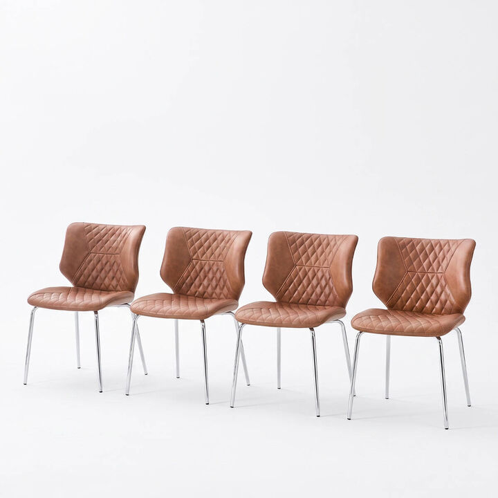 Set of 4 Leather Dining Chairs Square High Back Dining Chairs with Chevron Tufting Retro Dining Chairs with Metal Legs and Back Handle
