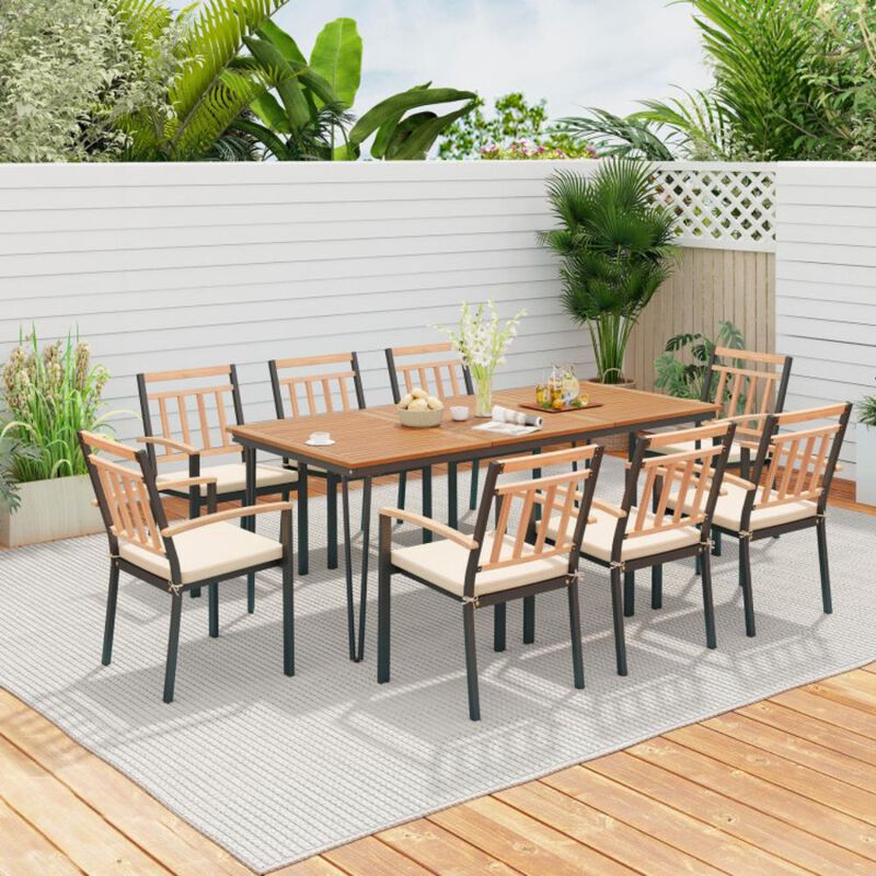 Hivvago 9-Piece Patio Dining Set 35.5 Inch Acacia Wood Table with Umbrella Hole and 24-Inch Wide Chairs