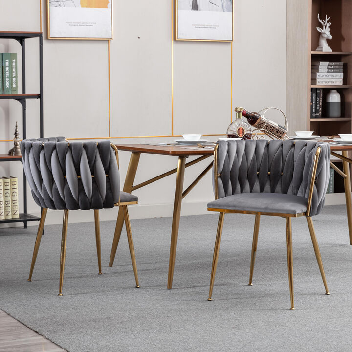 Modern Design Golden Metal Frame Velvet Fabric Dining Chair with Golden Legs, Set of 2,Grey