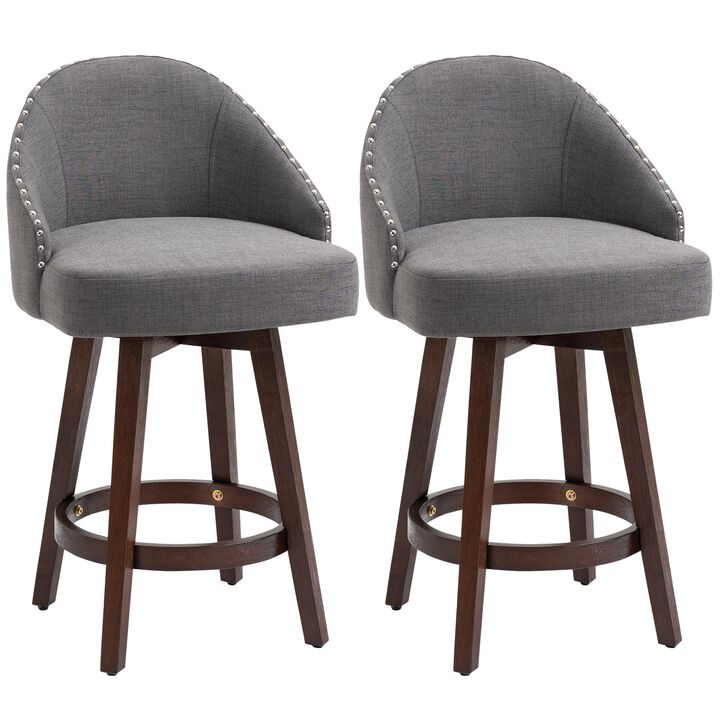 Bar Stools Set of 2, Linen Fabric Kitchen Counter Stools with Nailhead Trim, Rubber Wood Legs and Footrest for Dining Room, Counter, Dark Grey