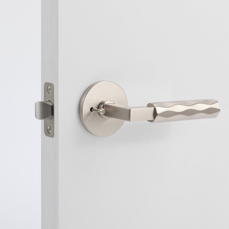 Hailey Satin Nickel Modern Bed/Bath Interior Door Handle with Round Rosette and Concealed Screws (Privacy) image number 1