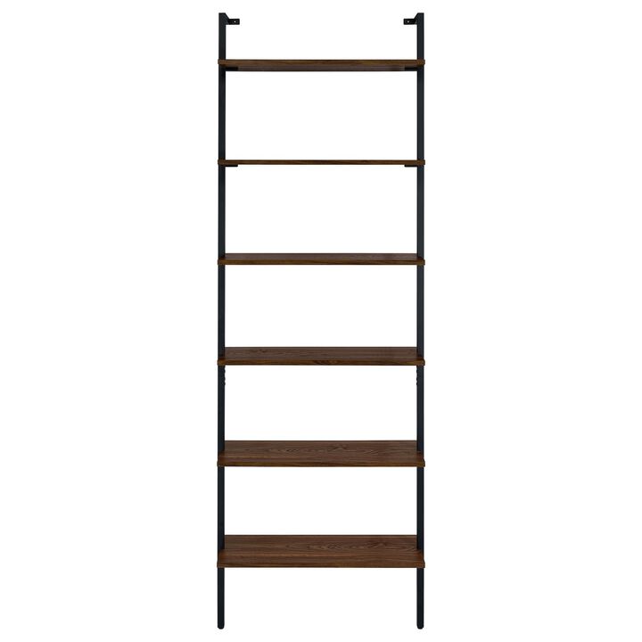 Wens Wall Mounted Bookcase Unit, 6 Open Shelves, Black Metal, Brown