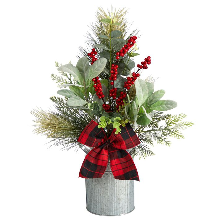 Nearly Natural 20-in Holiday Winter Greenery, Pinecone and Berries with Buffalo Plaid Bow Artificial Christmas Table Arrangement