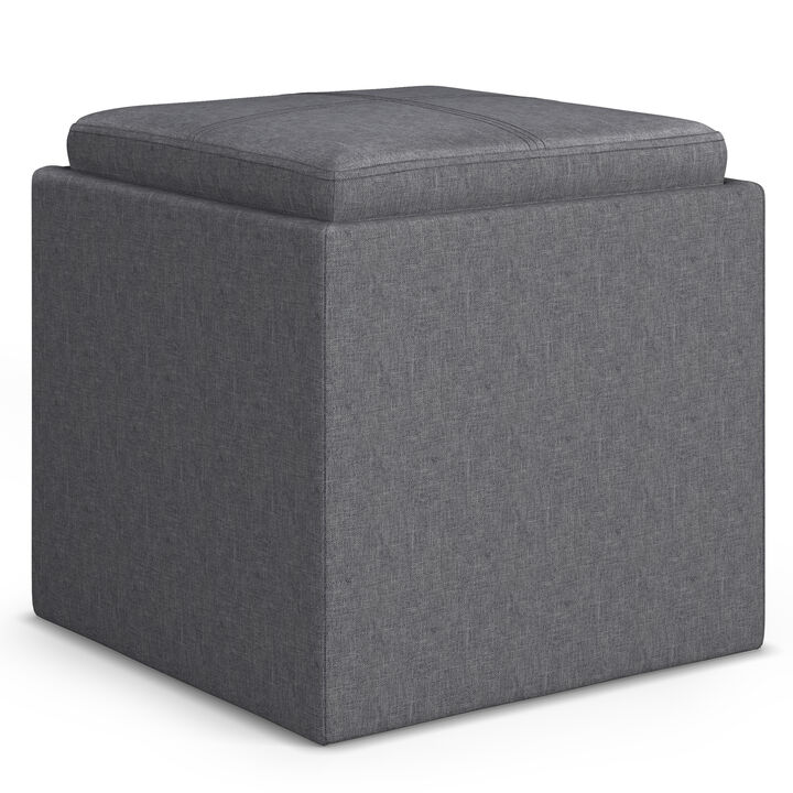 Rockwood 17 inch Wide Contemporary Square Cube Storage Ottoman with Tray in Slate Grey Linen Look Fabric, Assembled