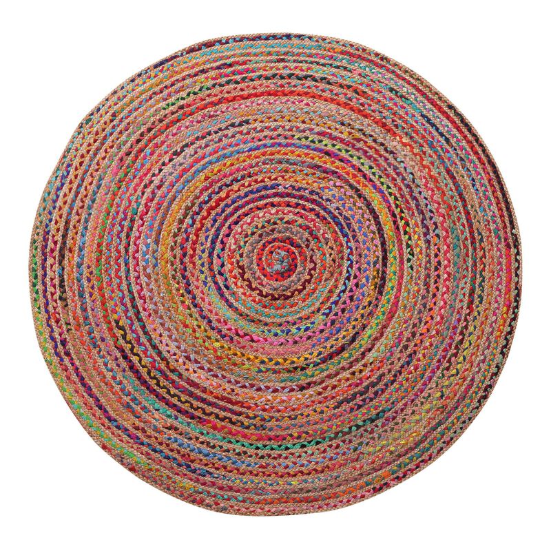 HomeRoots 7' Tan Round Geometric Hand Braided Area Rug image number 0