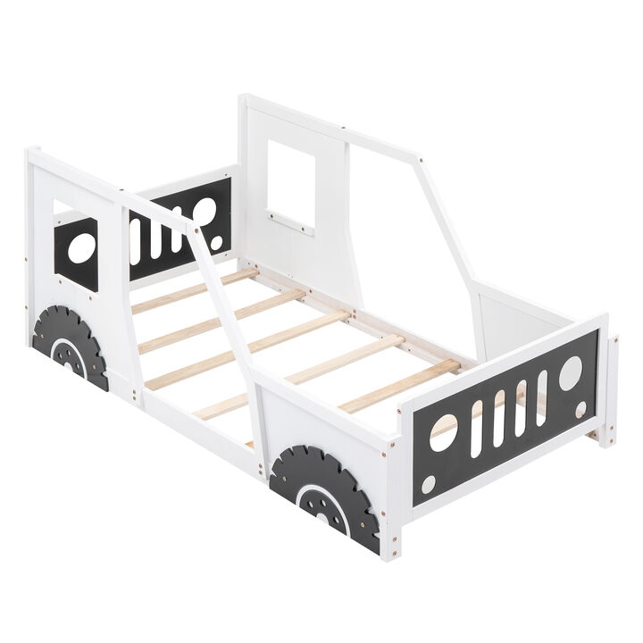 Whisen Twin Size Classic Car-Shaped Platform Bed with Wheels - White