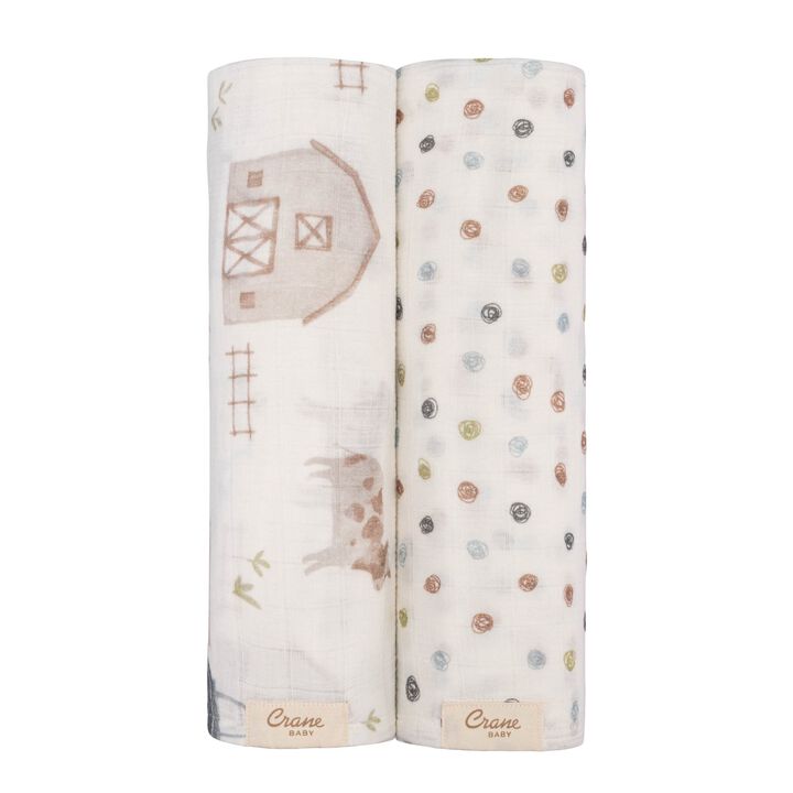 Charlie 2-pc. Farmhouse Tractor/Dot Muslin Swaddle Set