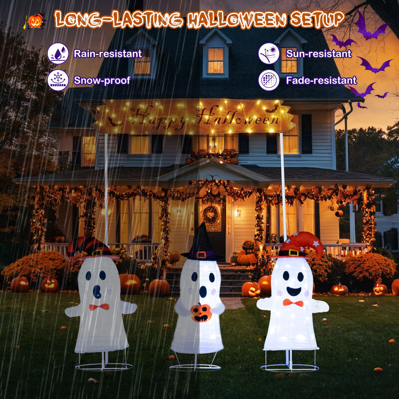 Pop- Up Ghost Halloween Decoration Set of 4 with Gate and LED Lights-White image number 7