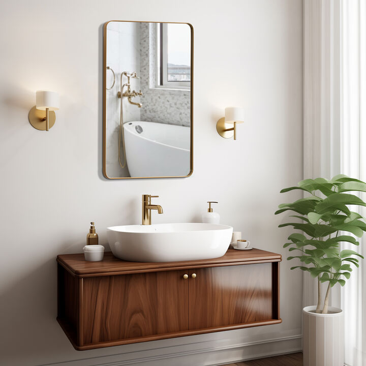 Basicwise Plastic Medicine Cabinet with Beveled Edge Mirror Door and Round Corner Metal Frame, Surface or Recessed Mount Options, Bathroom Wall Mounted Vanity Cabinet with 2 Adjustable Shelves, Black