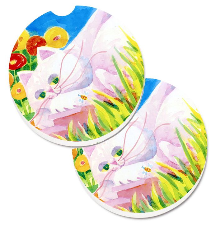 Caroline's Treasures White Cat Set of 2 Cup Holder Car Coasters 6102CARC, 2.56, Multicolor
