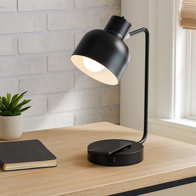 15 Inch Metal Table Lamp, Adjustable Shade, Wireless Charging, Black image number 6