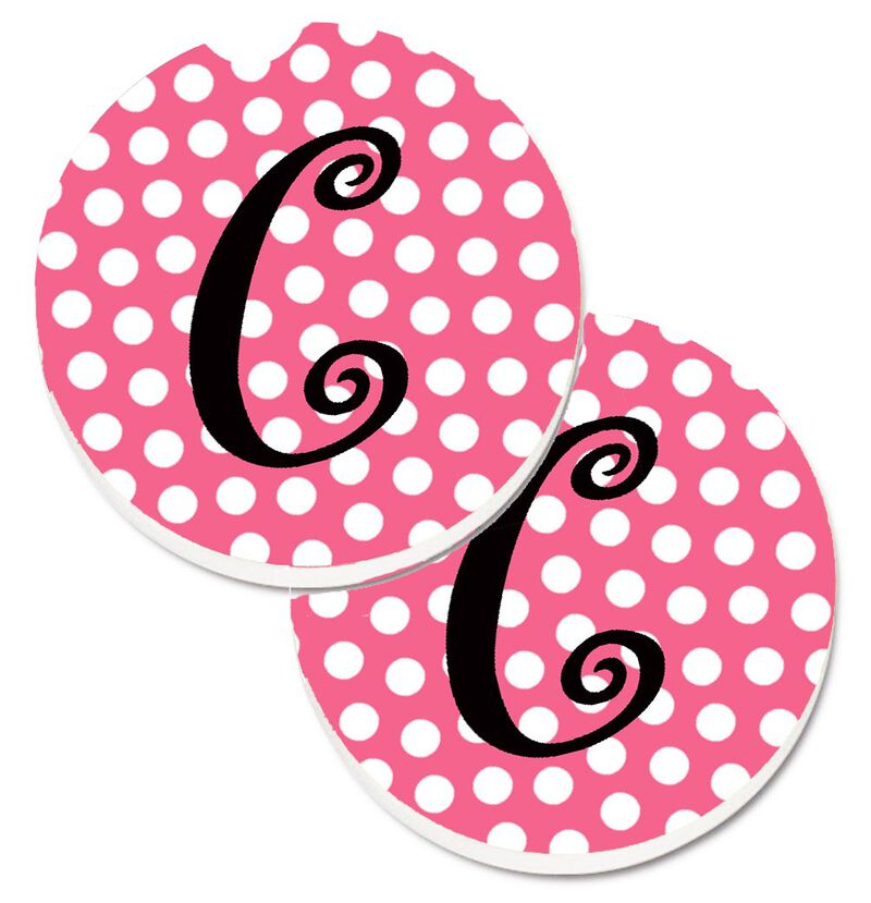 Caroline's Treasures Letter C Monogram - Pink black Polka Dots Set of 2 Cup Holder Car Coasters CJ1001-CCARC, 2.56, Multicolor
