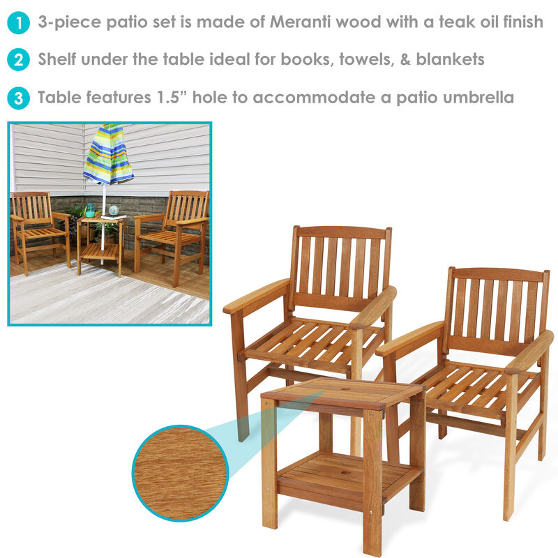 Sunnydaze Meranti Wood 3-Piece Patio Conversation Set with 2 Chairs