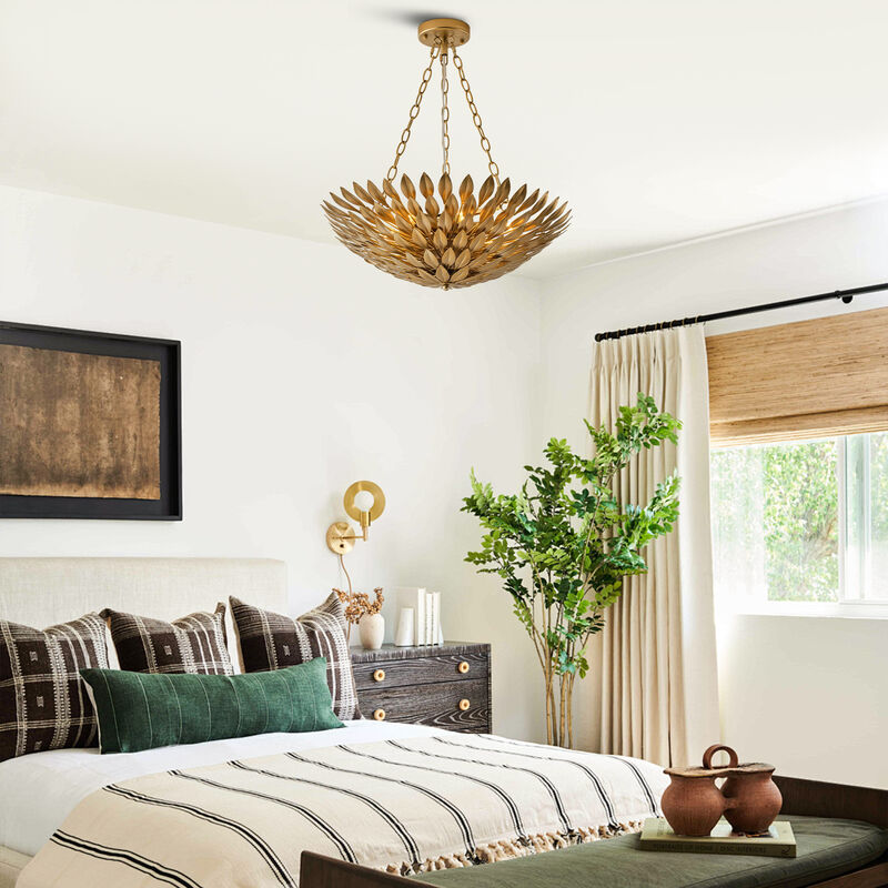22" 6-Light Gold Modern Leaf Chandelier for Bedroom, Living Room, Entryway