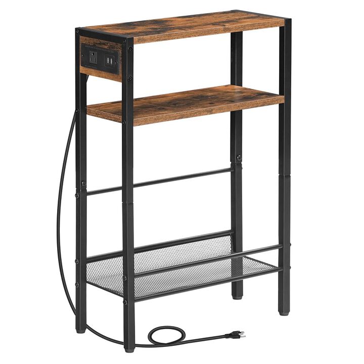 Compact Side Table with Charging Station for Living Room or Bedroom- Brown