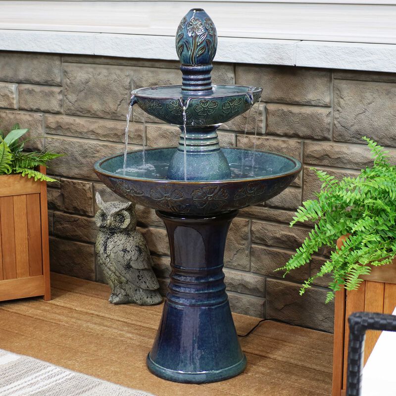Sunnydaze Double Tier Ceramic Outdoor 2-Tier Water Fountain with Lights image number 2