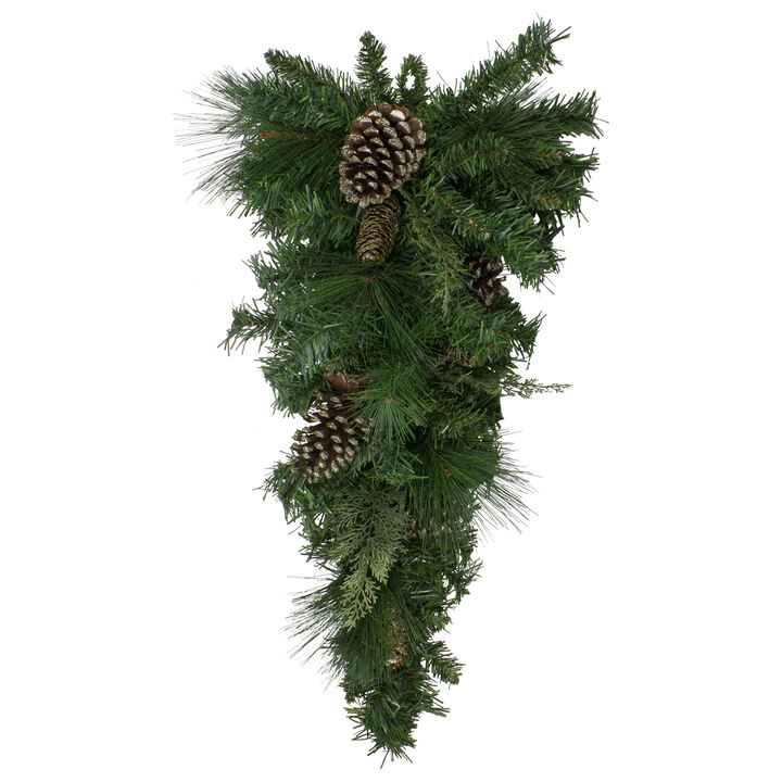 28" Artificial Mixed Pine with Pine Cones and Gold Glitter Christmas Teardrop Swag - Unlit