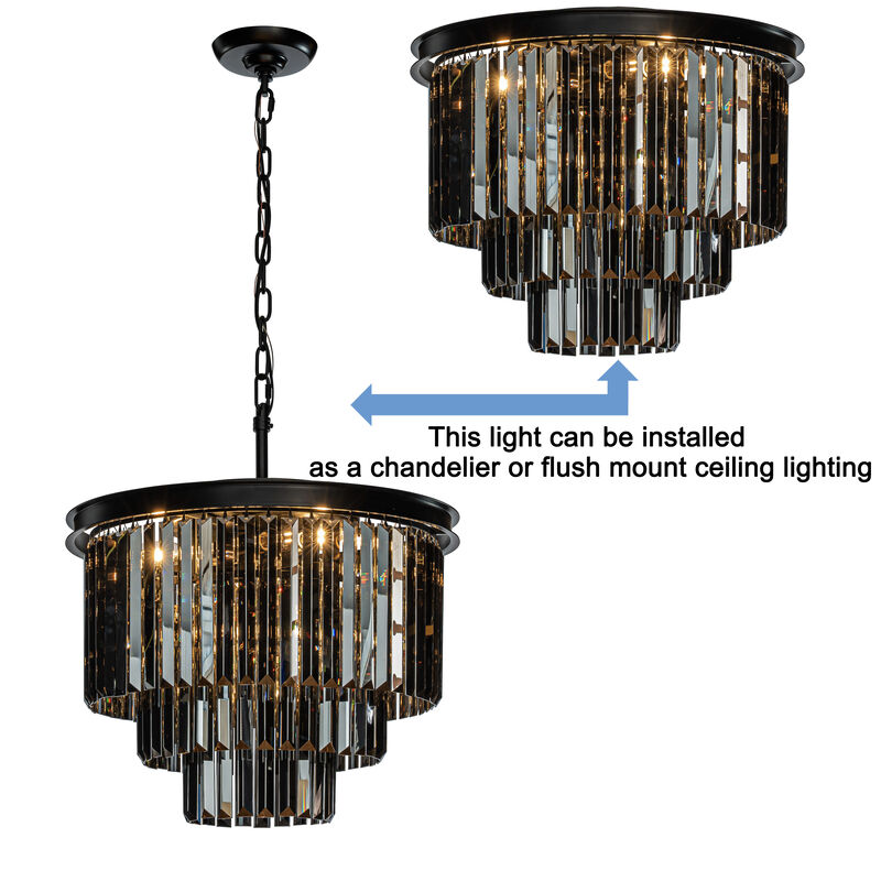 6-Lights Modern Matte Black 3-Tier Round Fringe Chandelier with Smoke Crystal Accent image number 5
