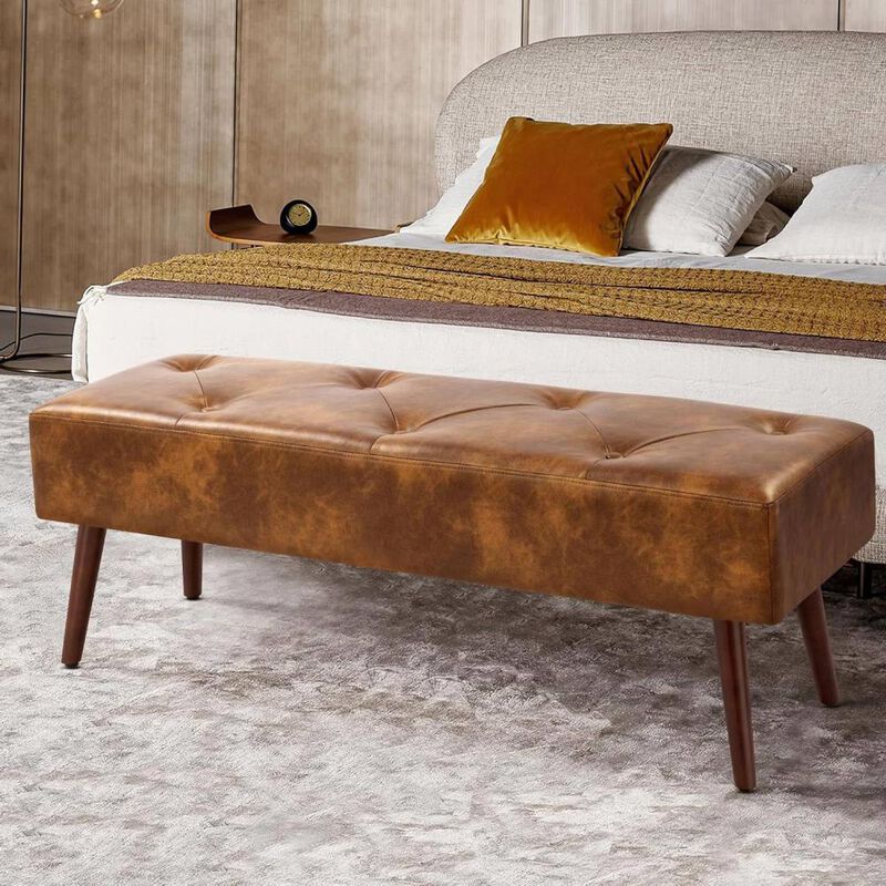 Hivvago Mid-Century Bed Bench with Dark Brown Leather Upholstered Seat Solid Wood Legs