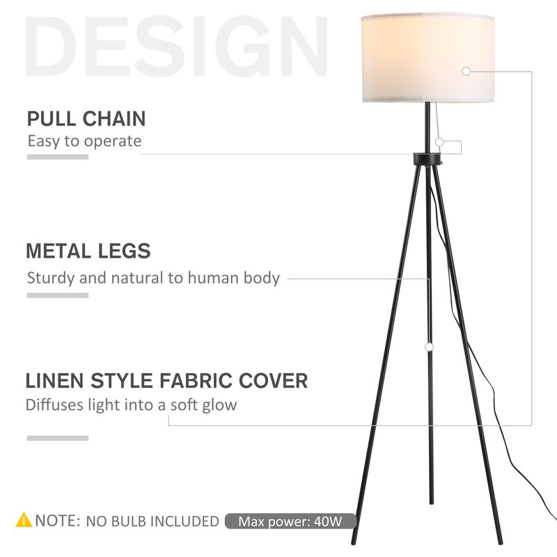 59.75" Floor Lamp Standing Lamp Fabric Lampshade E26 Lamp Holder Steel Tripod Living Room Black