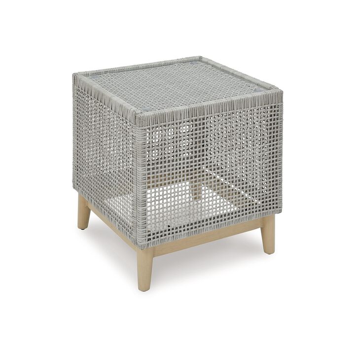 Yami 23 Inch Outdoor Side End Table, Resin Wicker, Tempered Glass Top, Gray - Benzara