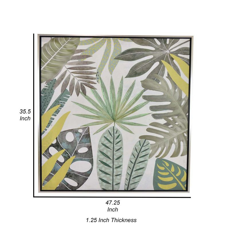 36 x 47 Wall Art, Botanical Flower Leaf Painting, Natural Fiber, Green - Benzara