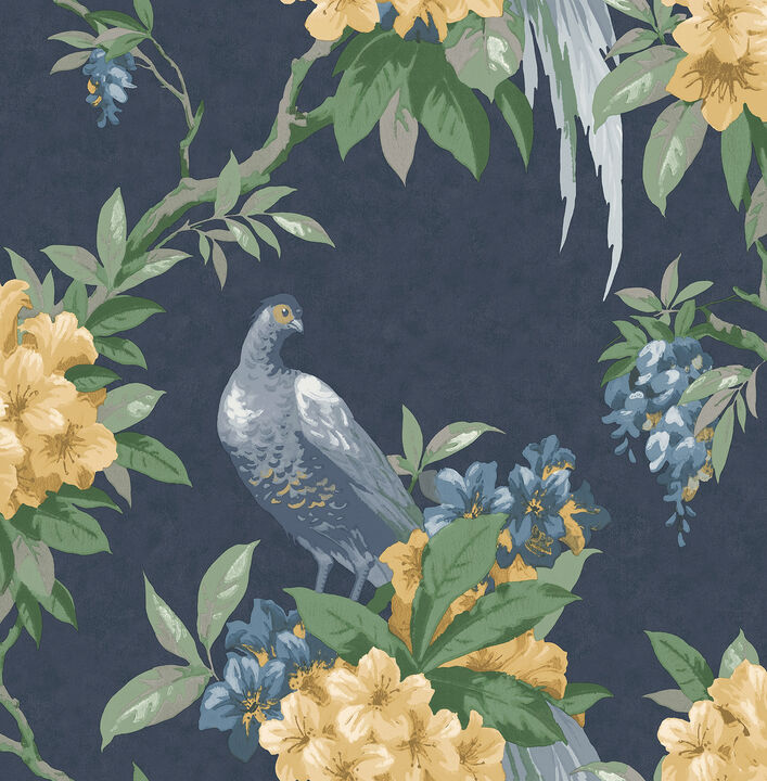 Golden Pheasant Dark Blue Floral Wallpaper (Set of 2)