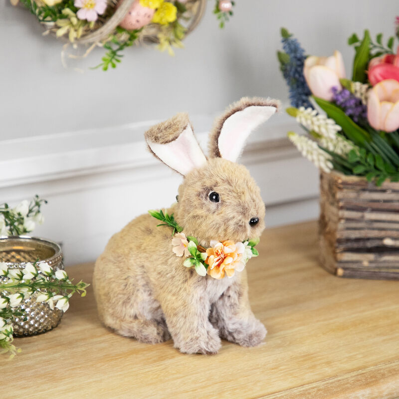 Plush Rabbit with Flower Wreath Easter Figurine - 8.5"
