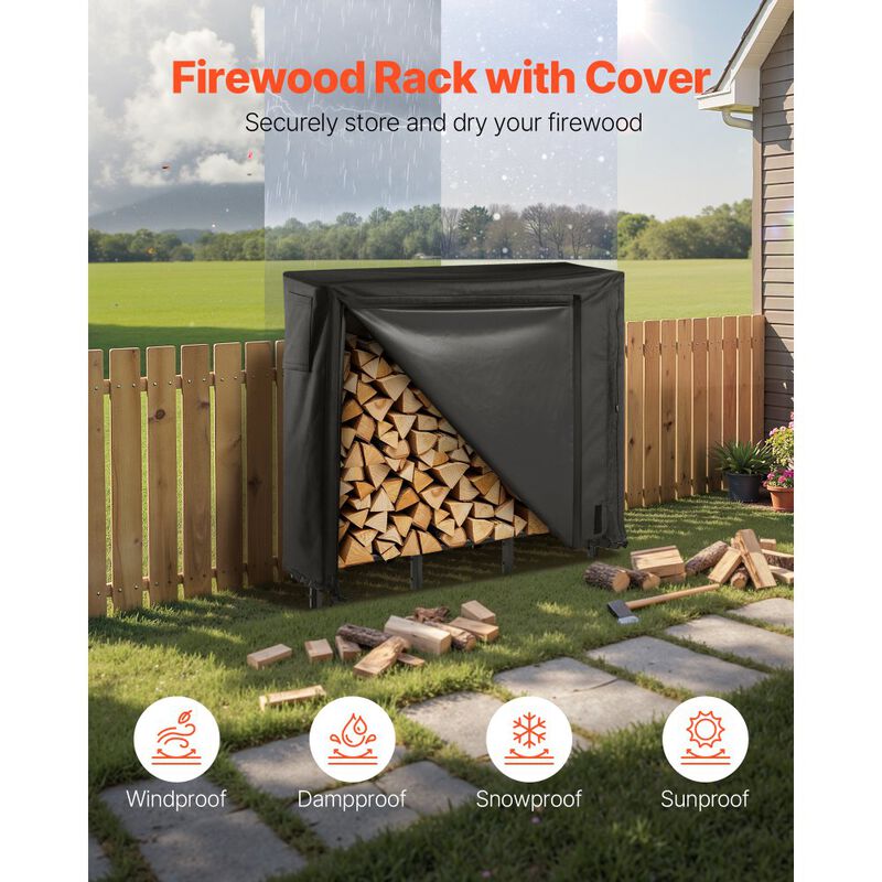 Steel Firewood Rack with Waterproof Cover, Outdoor Wood Storage for Fireplace-Black image number 8