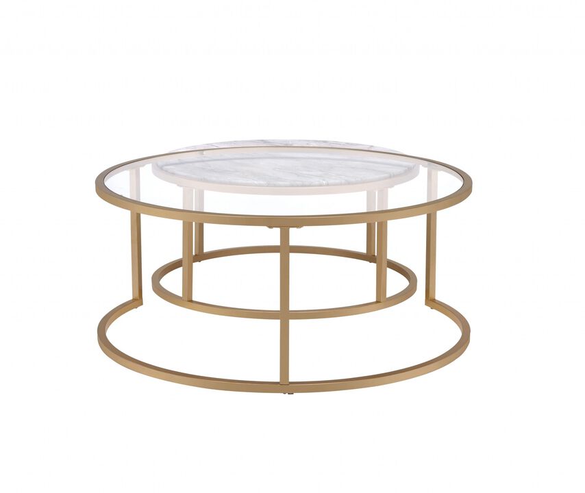 Set of 2 Round Nested Coffee Tables with Glass Faux Marble Tops and Iron Frames