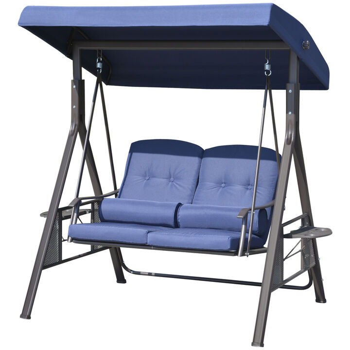Outsunny 2-Person Patio Swing Bench with Adjustable Shade Canopy, Soft Cushions, Throw Pillows and Tray, Dark Blue