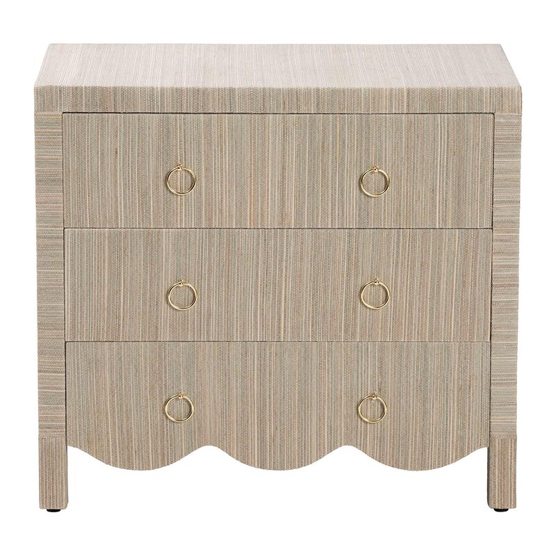 bali & pari Umika Grasscloth Nightstand with Scalloped Base - 3-Drawer Accent Chest with Gold Ring Pulls, Bedroom Storage Table or Side Cabinet image number 3