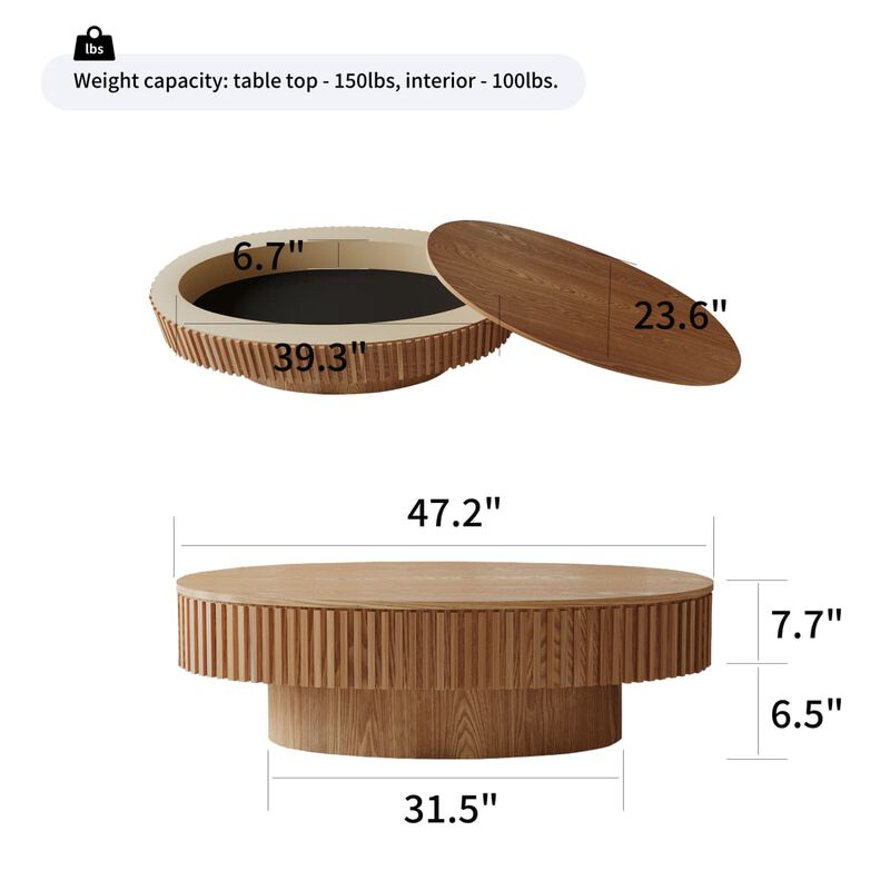 Oval coffee table with storage Solid wood veneer and MDF modern coffee table with fluted base Accent tea coffee table for living room image number 2