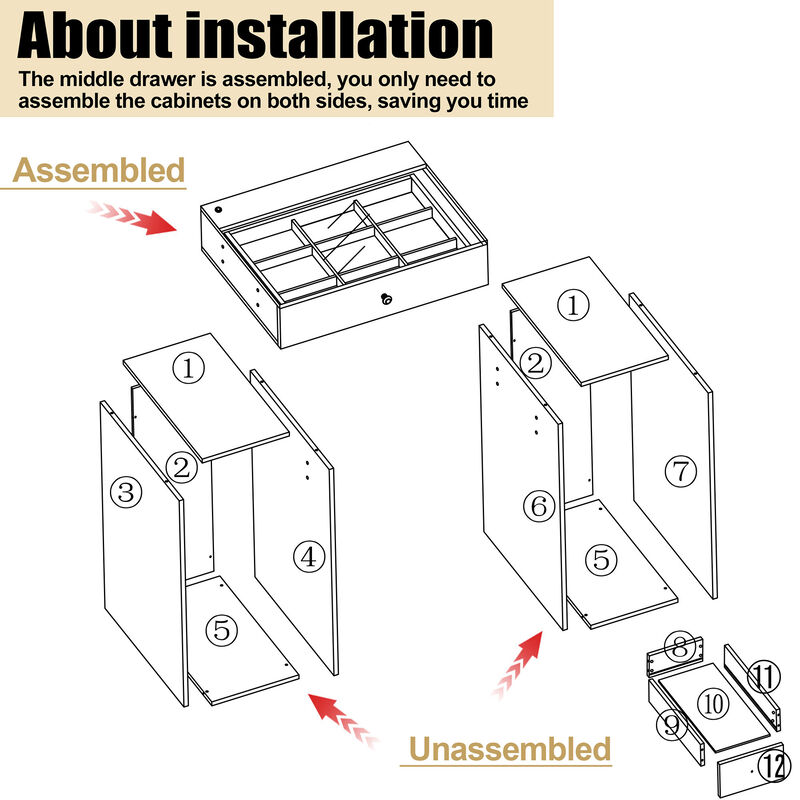 VANITII 11 Drawers Modern Makeup Vanity Desk  with RGB Lights for Bedroom White 3 packages (Need Assembled by yourself)